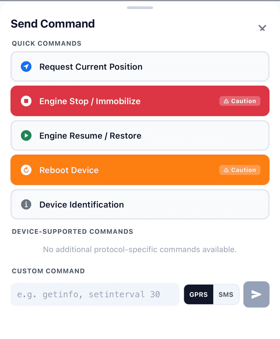 The Primera app's Send Command screen, showing Engine Stop / Immobilize and Engine Resume / Restore